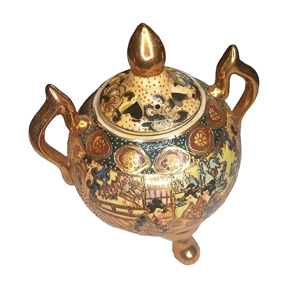 Antique Chinese Tripod Incense Burner Hand Painted Porcelain Gold Gilded Vase - Picture 8 of 14